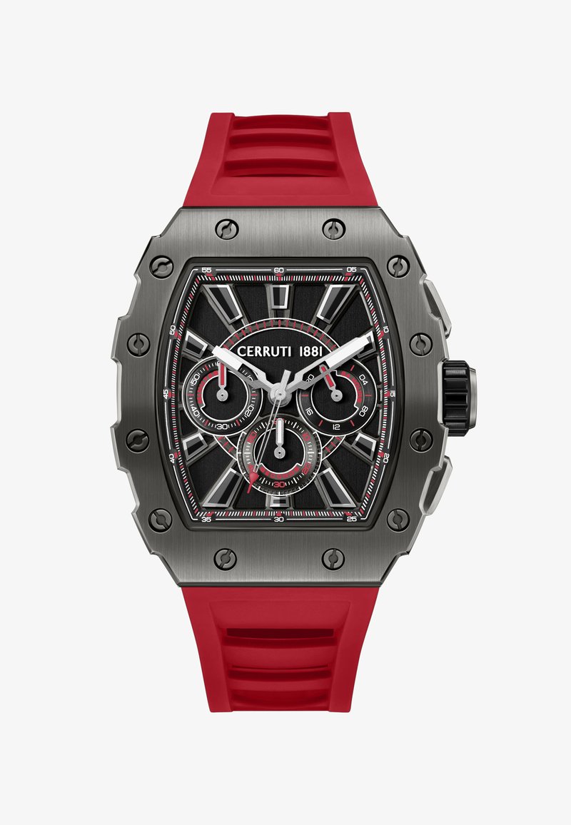 Náramkové hodinky Cerruti 1881 z nehrdzavejúcej ocele s čiernym ciferníkom, červenými akcentmi, tromi subciferníkmi a červeným silikónovým remienkom.