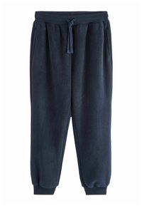 Navyblauwe fleece joggingbroeken met elastische tailleband, trekkoord, zijzakken, taps toelopende enkels en een zachte textuur.