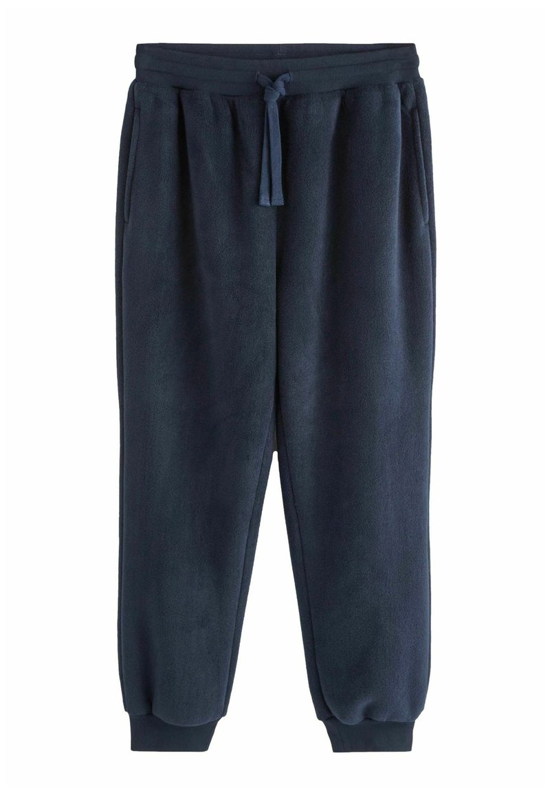 Navyblauwe fleece joggingbroeken met elastische tailleband, trekkoord, zijzakken, taps toelopende enkels en een zachte textuur.