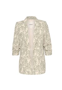 Kevyt bleiseri kerma- ja oliivinvihreänä teksturoidulla abstraktilla kuviolla. Mallissa on avoin kaulus ja käännetyt 3/4-hihat. Edessä avoin leikkaus.