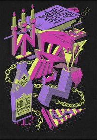 Un design grafico vibrante che presenta un teschio, catene, candele accese e una bottiglia etichettata "VANTAS BREW" in rosa, viola e giallo su uno sfondo nero.