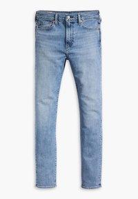Jeans di denim blu chiaro con una vestibilità slim. Presentano cinque tasche, chiusura con bottone in metallo e leggera scoloritura. Orlo pulito alla caviglia.