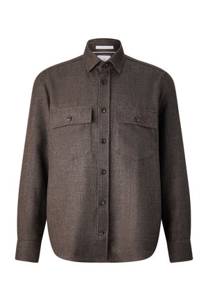 Brown textured long-sleeve button-up shirt with collar and two chest flap pockets, displayed on a white background.
