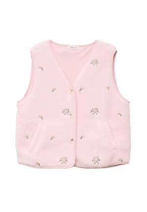 Jasnoróżowa bezrękawnikowa kamizelka z polaru z drobną białą haftowaną kwiatową dekoracją, kieszeniami po bokach i trzema beżowymi guzikami z przodu.