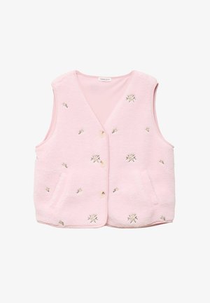 Jasnoróżowa bezrękawnikowa kamizelka z polaru z drobną białą haftowaną kwiatową dekoracją, kieszeniami po bokach i trzema beżowymi guzikami z przodu.