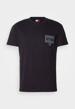 Czarny bawełniany t-shirt z krótkim rękawem, z turkusowym logo graficznym na lewej piersi i okrągłym dekoltem.