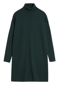 Tmavě zelené dlouhé svetrové šaty s rolákem, s rovnými liniemi a jemným středovým švovým detailem.