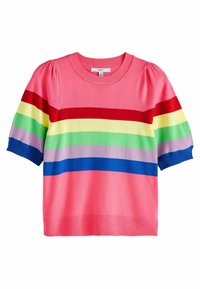 Suéter de manga corta en color rosa con rayas horizontales multicolores en rojo, amarillo, verde, púrpura y azul. Cuello y puños de las mangas acanalados.