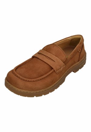Brown leather slip-on loafer with thick rubber sole and moccasin-style stitching, angled to show top and side details.