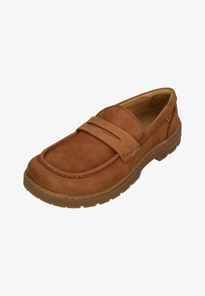 Brown leather slip-on loafer with thick rubber sole and moccasin-style stitching, angled to show top and side details.