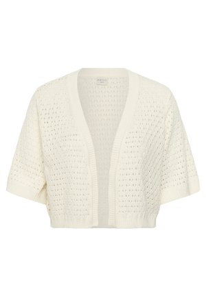 Cardigan court color crème en maille avec devant ouvert, manches courtes et motif perforé texturé.