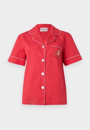 Red short-sleeve button-up shirt with white piping, notched collar, chest pocket with floral embroidery.