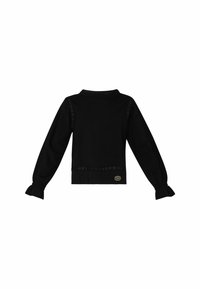 Blusa negra de manga larga con puños con volantes, detalles de encaje en los hombros y el dobladillo, y un pequeño logo metálico redondo cerca del borde inferior.