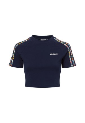 Navy-blaues, kurzes T-Shirt aus Baumwolle mit floralen Akzenten an den Ärmeln und einem gestickten weißen Logo auf der Vorderseite.