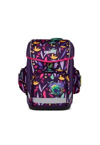 Sac à dos violet avec un motif floral aux couleurs vives, une poche avant avec un design de caméléon et des accents réfléchissants.