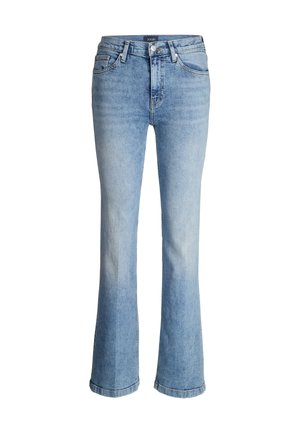 Light blue denim flared jeans with a mid-rise waist, five pockets, stitched accents, and a visible button closure. Smooth texture throughout.