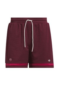 Maroon athletic shorts with a textured, mesh fabric, elastic waistband, and white drawstring. Features pink accents at the hems and branding logo.