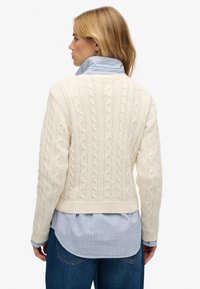 Crèmekleurige kabelgebreide trui met geribbelde zoom, gedragen over een blauw-wit gestreept overhemd, met lange mouwen en een getailleerd ontwerp.