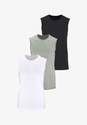 Drei ärmellose T-Shirts in Weiß, Grau und Schwarz, aus Baumwolle gefertigt, mit Rundhalsausschnitt und glatter Stoffoberfläche.