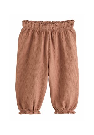 Lõdvalt istuvad pruunid tekstuuriga püksid elastse värvliga ja pahkluute kätistega, disainitud mugavuseks ja vabaajaks.