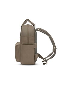 Sac à dos khaki au format structuré, en tissu durable, avec des bretelles rembourrées, des poches latérales et un dos en mesh pour le confort et la respirabilité.