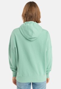 Mint green hooded sweatshirt with a relaxed fit, ribbed cuffs, and hem; features subtle embroidered detailing on the sleeves.