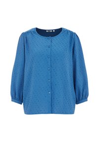 Blusa azzurra con bottoni, dal collo rotondo, in tessuto testurizzato con piccoli punti in rilievo e maniche a sbuffo a tre quarti.