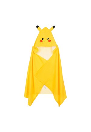 Yellow hooded towel with Pikachu face, red cheeks, and black-tipped ears, designed for children.