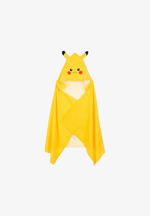 Gelbes Kapuzenhandtuch mit Pikachu-Gesicht, roten Wangen und schwarz gespitzen Ohren, für Kinder entworfen.