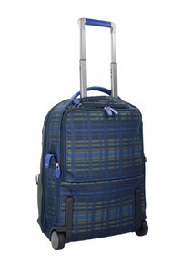Valigia a rotelle con un design a quadri blu, realizzata in tessuto resistente. Dotata di manico telescopico, due ruote e zip a contrasto.