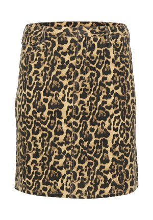 Leopardprint denimnederdel med en tætsiddende pasform, sort og brun mønster på en lys beige bund, med forlommer og en klassisk talje.