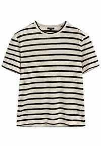 Randig kortärmad t-shirt i crème med svarta horisontella ränder, rund halsringning, mjukt tyg, avslappnad passform och inga synliga knäppningar.