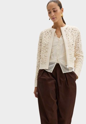 Donna che indossa una giacca di pizzo panna sopra una camicetta trasparente panna abbinata a pantaloni larghi marrone scuro e grandi orecchini d'oro.