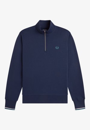 Maglione blu navy a maniche lunghe con mezza cerniera, polsini e orlo a costine, logo ricamato azzurro chiaro sul petto e dettaglio a righe sui polsini.