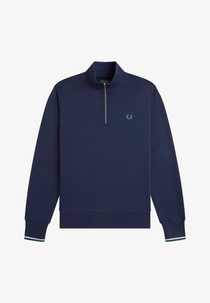 Maglione blu navy a maniche lunghe con mezza cerniera, polsini e orlo a costine, logo ricamato azzurro chiaro sul petto e dettaglio a righe sui polsini.