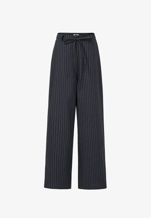 Dark gray, wide-leg trousers with a pinstripe pattern. Features an elastic waistband with a tie and soft, textured fabric.