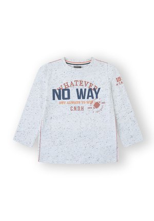Camisa de manga larga gris hecha de tejido jaspeado, con texto en rojo y azul marino que dice "WHATEVER NO WAY" y aberturas laterales para un detalle adicional.