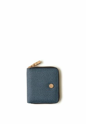 Square textured dark blue wallet with gold zipper and round gold logo emblem on front, isolated on white background.