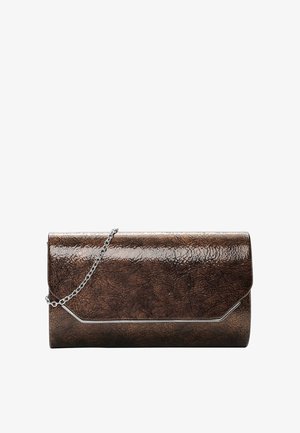 Brown clutch made of textured synthetic material, featuring a silver chain strap and angular metallic detail at the front.