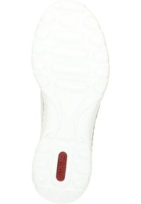 White rubber sole with textured patterns, featuring a red Rieker logo in the center, designed for traction and durability.