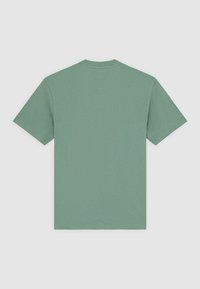 Bomulds t-shirt, ensfarvet lys grøn, korte ærmer, rund hals, glat tekstur, ingen synlige grafikker eller mønstre, enkel design.