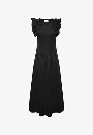 Schwarzes Kleid mit kurzen, gerafften Ärmeln, rundem Halsausschnitt, tailliertem Oberteil und einem fließenden, gerafften Rock, aus weichem Stoff.