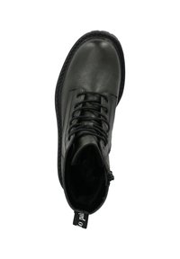 Schwarzer Leder-Stiefelette mit rundem Zehenbereich, Schnürung vorne und seitlichem Reißverschluss. Verfügt über eine profilierte Sohle und eine Zuglasche an der Rückseite.