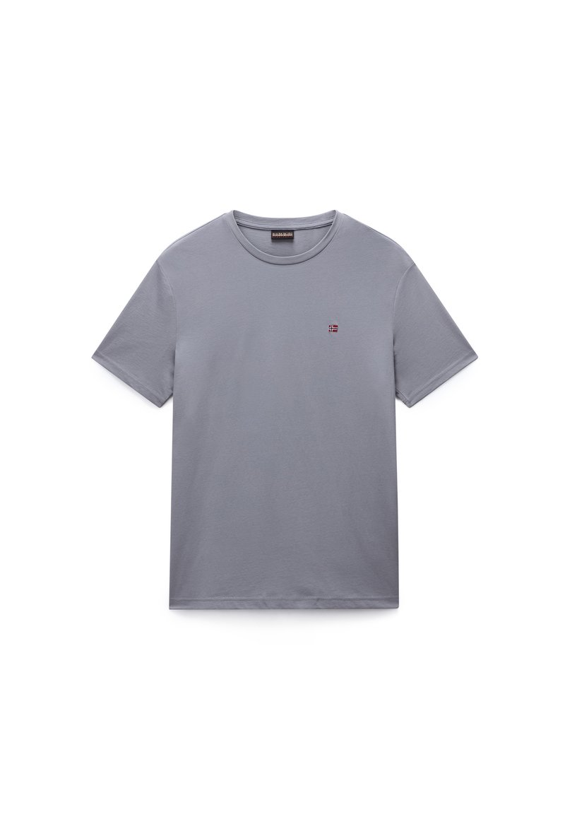 Gray cotton t-shirt with a round neckline, short sleeves, and a small logo accent on the left chest. Soft texture and classic fit.