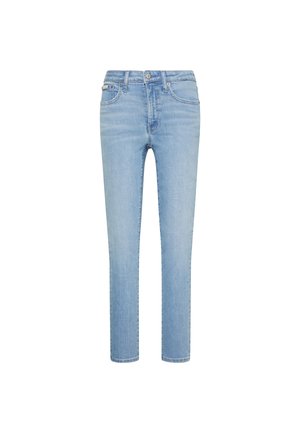 Jeans in denim azzurro chiaro, taglio dritto, stile cinque tasche, con chiusura frontale a bottoni e cerniera, caratterizzati da leggere sfumature e dettagli di cucitura.