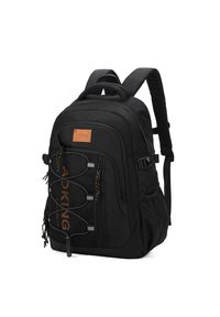 Zaino nero realizzato in tessuto resistente, dotato di più scomparti, frontale in rete con corde elastiche e un logo arancione.