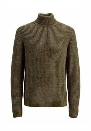 Dikke gebreide olijfgroene coltrui met lange mouwen en ribgebreide manchetten, zoom en halslijn.