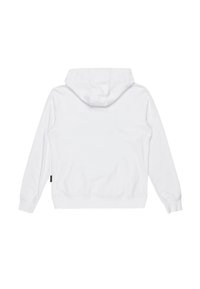 Sudadera blanca, tejido suave, mangas largas, capucha ajustable, bolsillo canguro, puños y dobladillo acanalados. Diseño minimalista, sin gráficos visibles.
