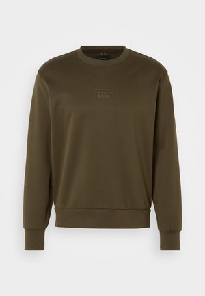Olive green sweatshirt with a crew neckline, ribbed cuffs, and hem. Features a subtle embossed logo at the chest. Smooth fabric texture.