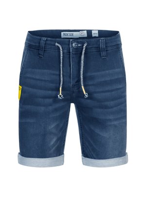 Mørkeblå denim shorts med en rullet kant, snor og knaplukning, med et lille gult mærke på siden.
